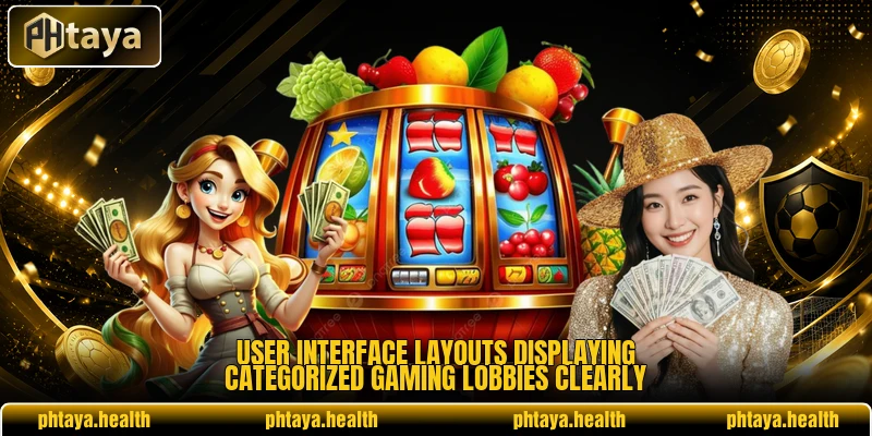 User interface layouts displaying categorized gaming lobbies clearly User interface layouts displaying categorized gaming lobbies clearly